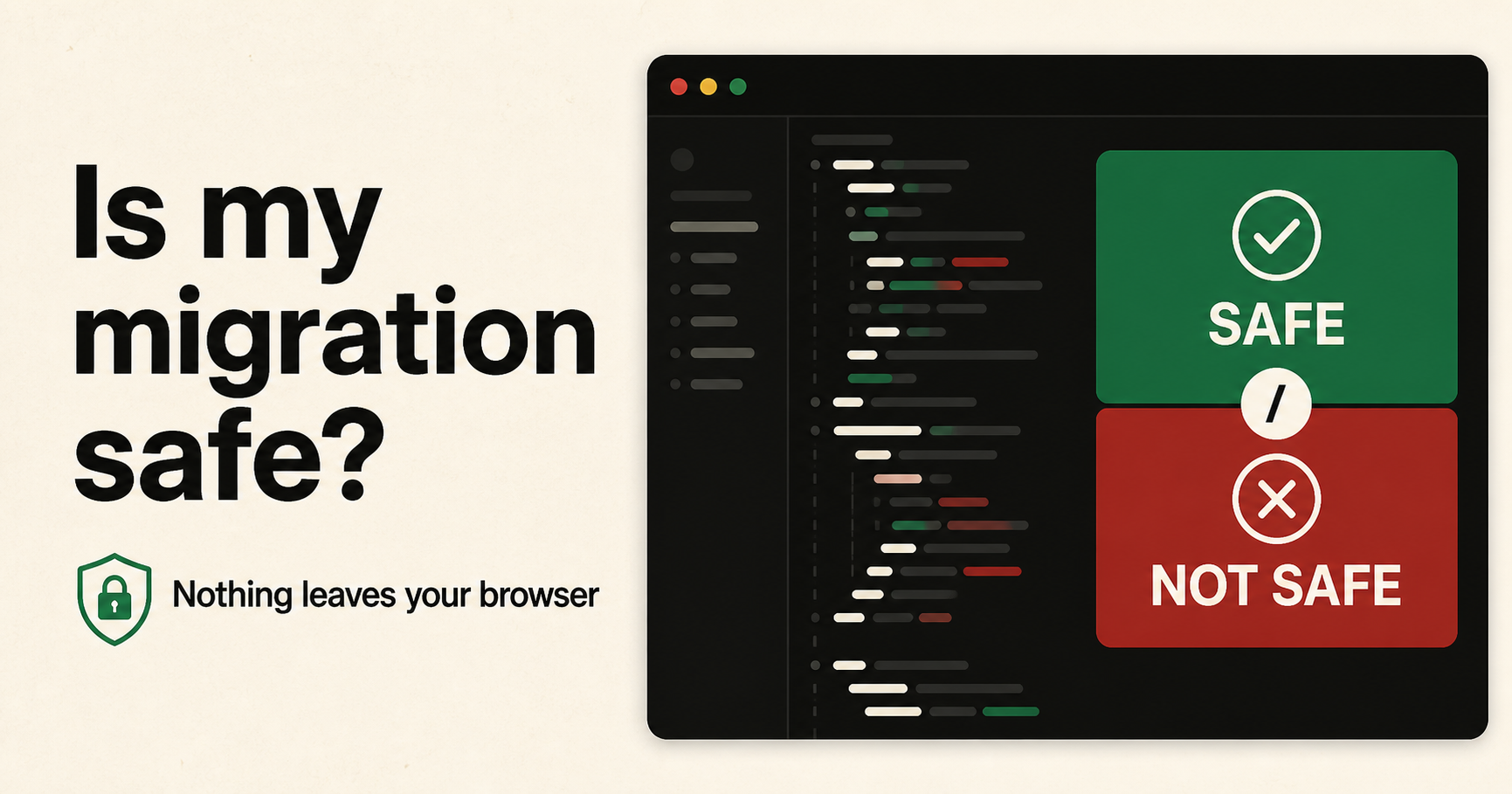 safe-not-safe browser tool showing a Postgres migration with statement analysis